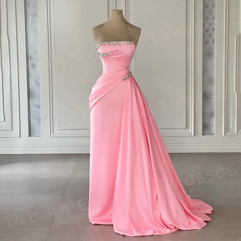 Vestidos femininos sem alças, vestido de sereia rosa suave, vestidos simples de baile, vestido de festa formal frisado