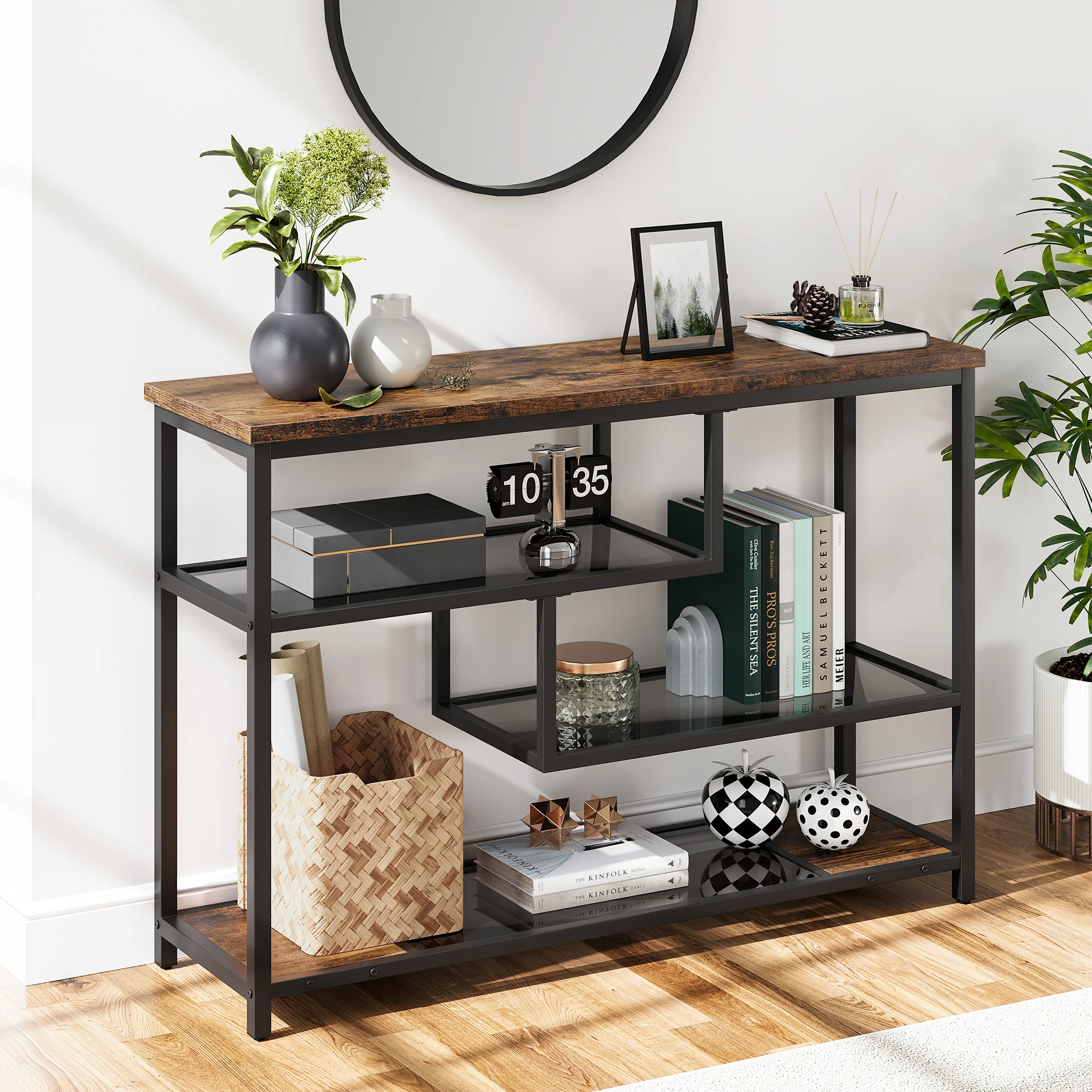 

4-Tier Sofa Tables Narrow Entryway Console Table Glass Shelf and Metal Frame Behind Couch Table for Living Room Foyer Bedroom