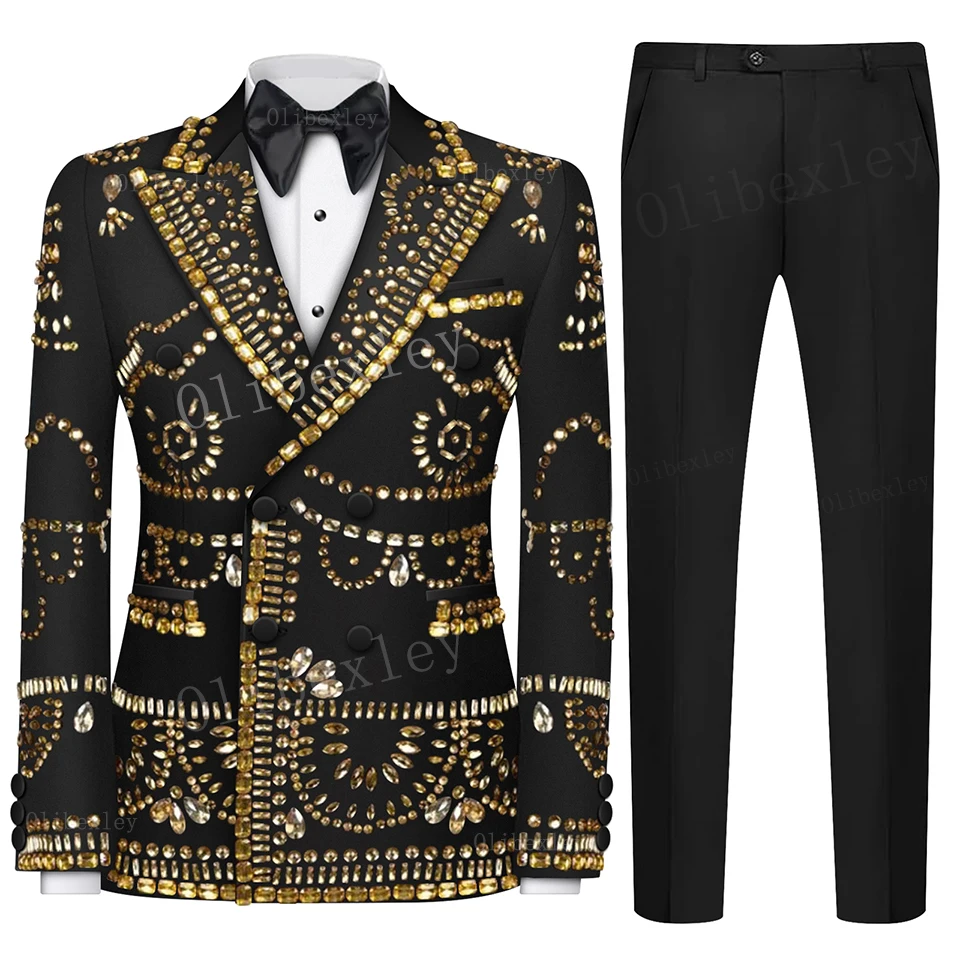 B24 Luxury Beaded Suits Men For Wedding Double Breasted Prom Blazer Pants 2 Pieces Groom Wear Suit for Prom Party Blazer