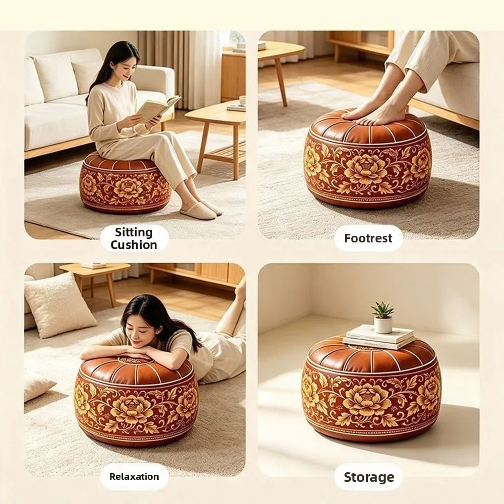 New PU Leather Fillable Ottoman Pouf Round Shape Moroccan Style Storage Ottoman Embroidered Pattern Floor Seat Cushion Home Use