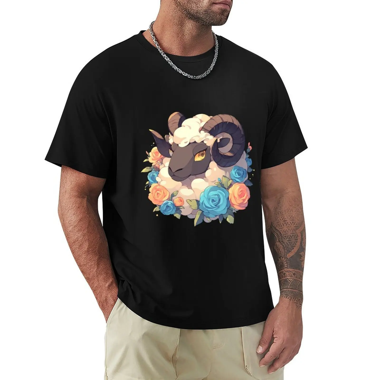 Cute ram // angry ram // flowers, flowers journaling , ram poster T-Shirt Large Size Casual Tee Shirt