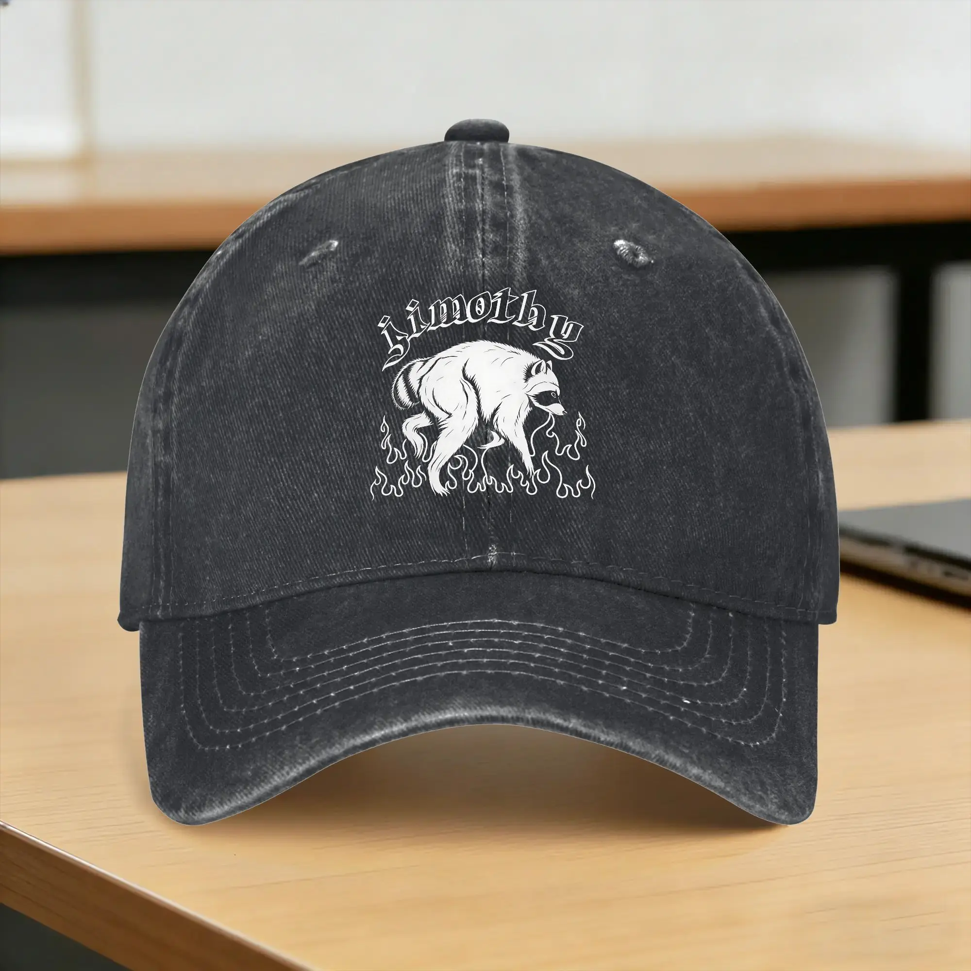 Jimothy Gothic Raccoon in White Flames Baseball Cap Sun  Hunting Camping Dropshipping Washed Trucker Hat Men Women Baseball Caps