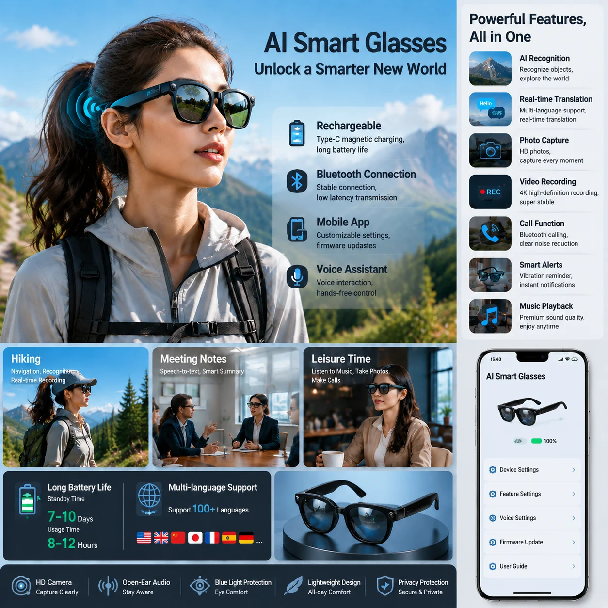 800W Pixel Camera Smart Glasses Men Video Recording AI Photo Recognition Bluetooth Call Voice Translation Sunglasses Man