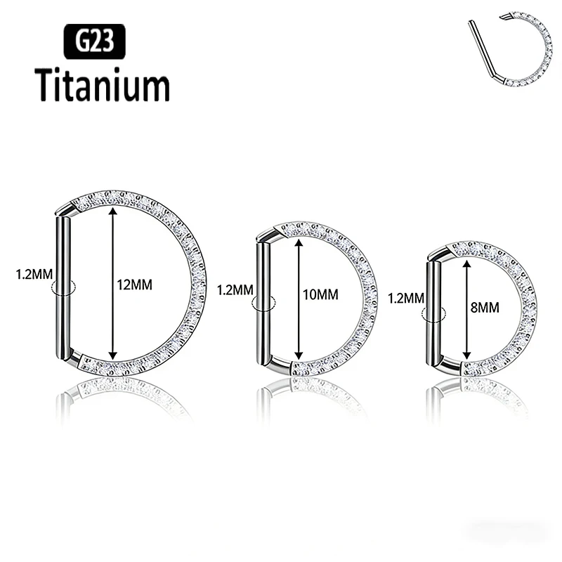 G23 Titanium Hinged Segment Nose Rings D-Shape Side Crystals CZ Septum Ear Cartilage Helix Tragus Conch Rook Daith Earring Hoops