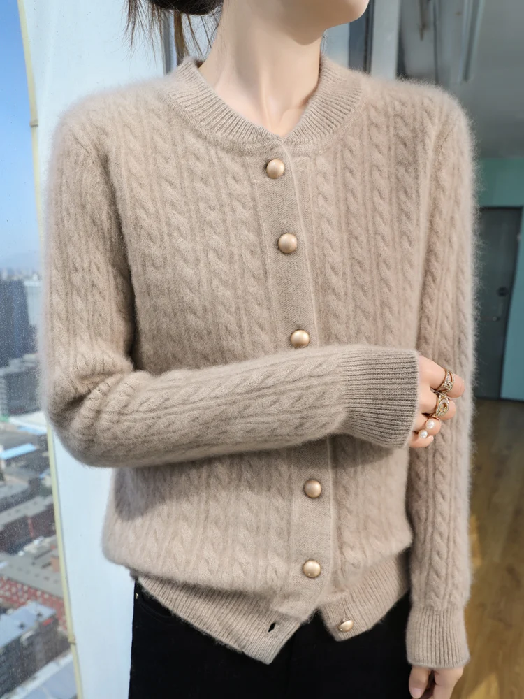 Women\'s 100% Merino Wool Cardigan Stand Collar Sweaters Long Sleeve Knitted Tops Thick Warm Outerwear Casual Fashion Fall Winter