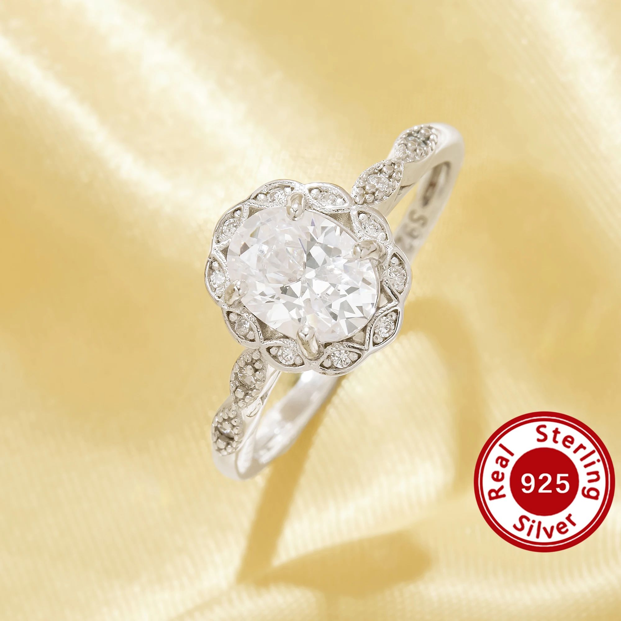 

Luxury Oval Simulated Diamond Ring With 6x8MM White Cubic Zirconia,Flower Solid 925 Sterling Silver Ring,Art Deco Ring 6220346