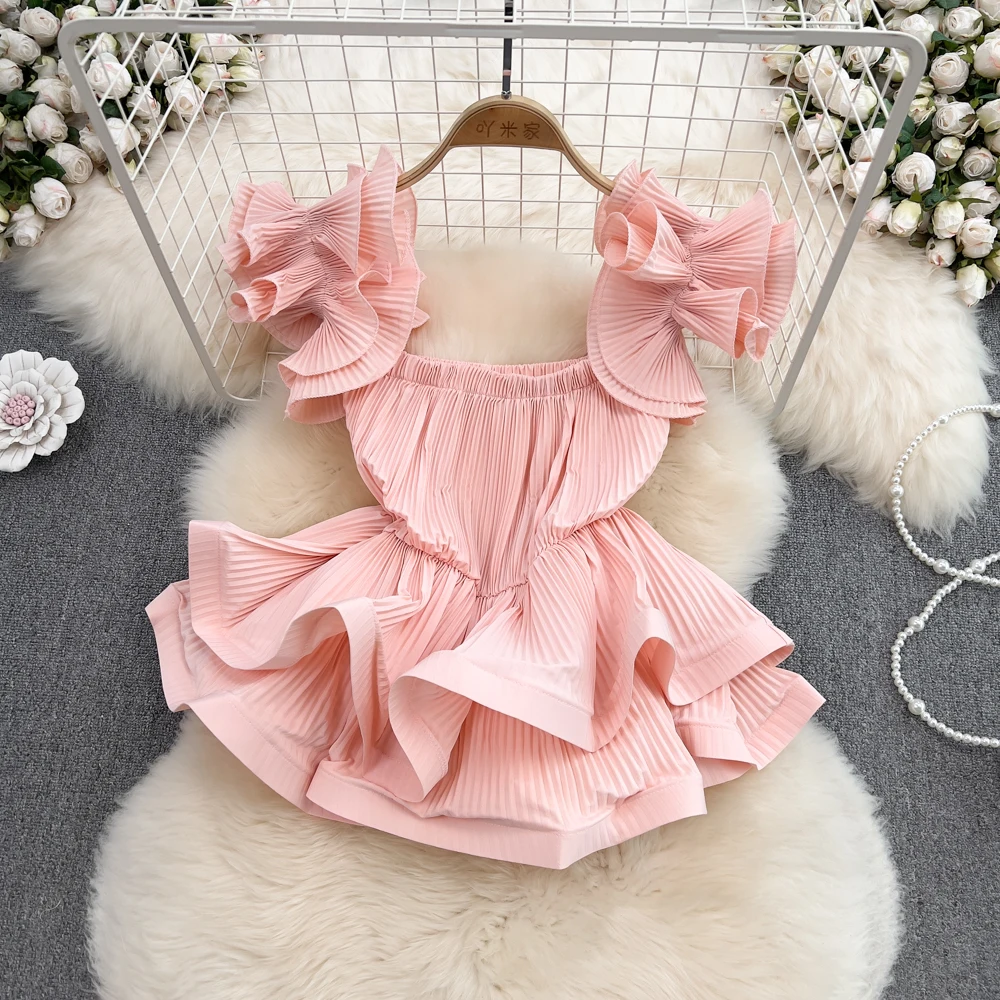 Summer New Style Versatile Pleated Wood Ear Edge Lace Up Off Shoulder Hanging Strap Waist Wrapped Chiffon Shirt Short Top