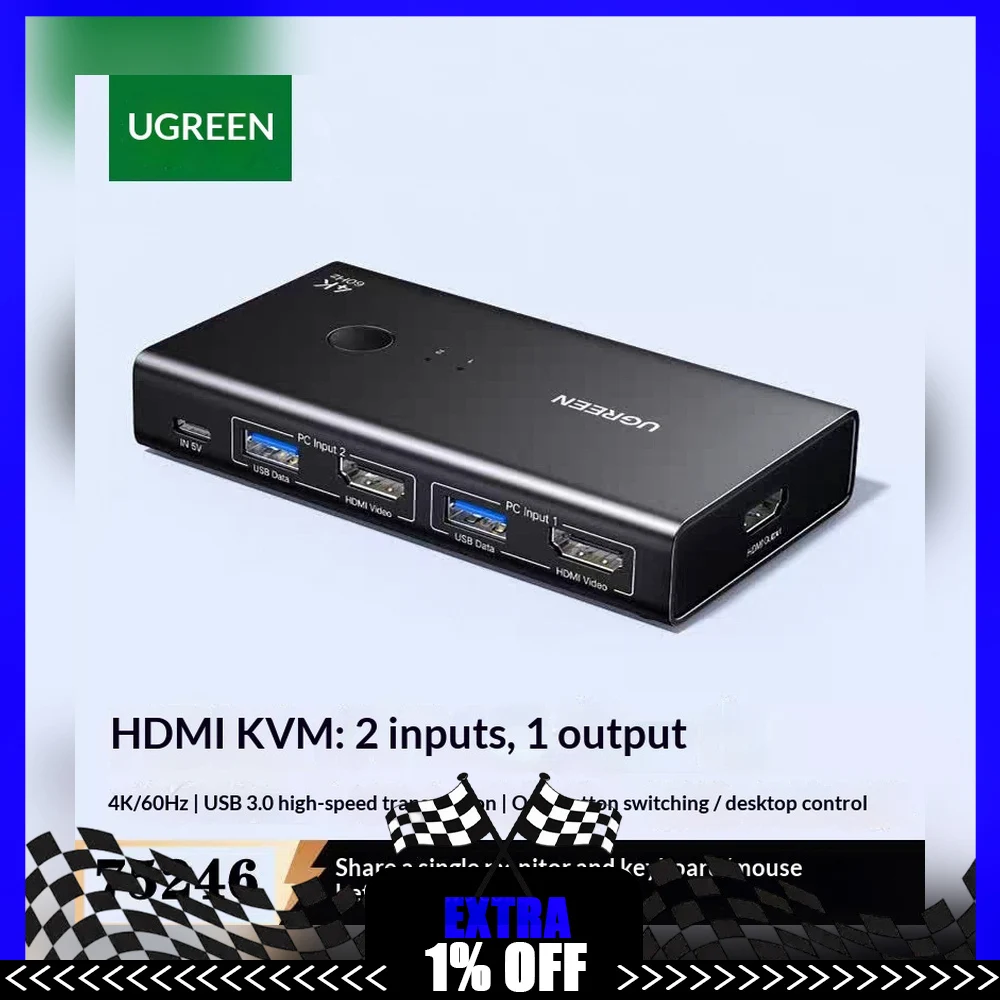 UGREEN 75246 AK502 HDMI KVM Switch 2 In 1 Out for Two Computers One Monitor USB Keyboard Mouse Sharing Selector