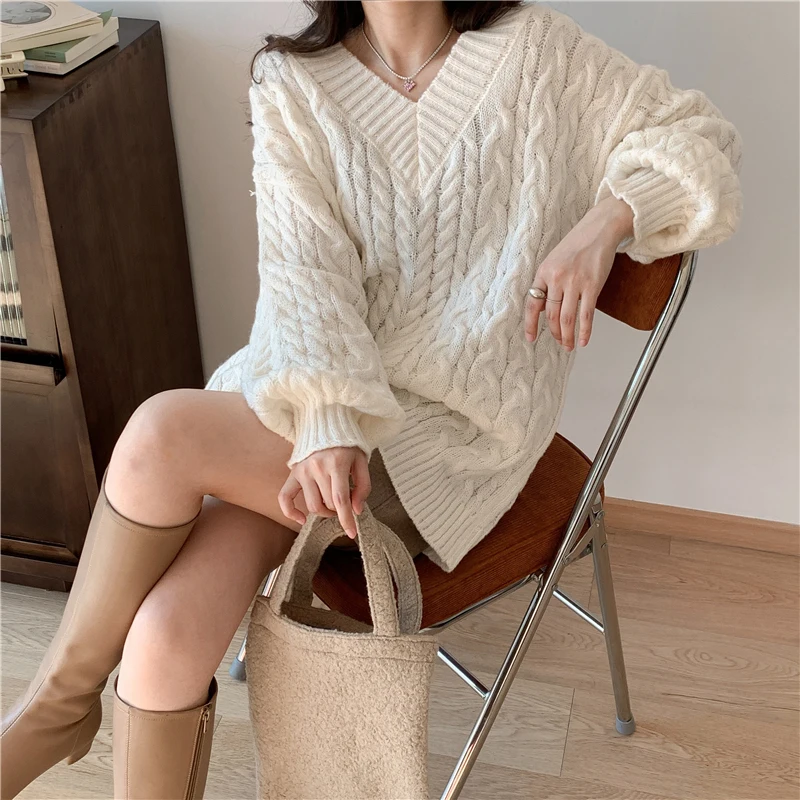 Solid Sweater Women Korean Fashion V Neck Knitted Pullovers Pink Long Sleeve Knitwear Winter Streetwear Casual Jumpers Tops New