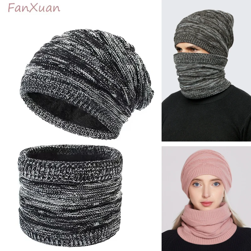 

Thick Women Winter Hat Scarf Sets Knit Warm Velvet Lining Man Balaclava Hat Scarf 2pcs Sets Beanies Snood Fleece-lined