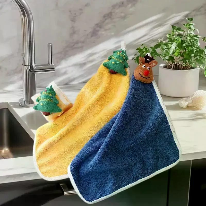 Asciugamano per bambini in stile natalizio Cartone animato Alce Pupazzo di neve Babbo Natale Albero di Natale Asciugamano in velluto Asciugamano appeso per il bagno Panno ad adsorbimento