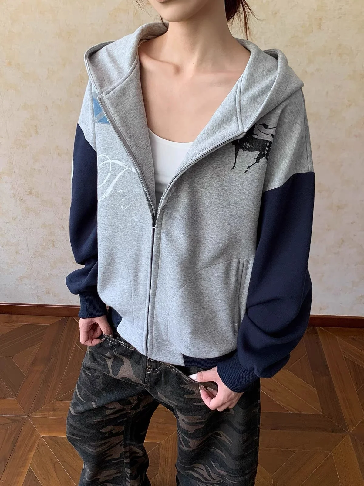 American Sle Color Blo Letter Print Hooded Open Cardigan Sweatirt ex Autumn Winter Versatile Loose Outerwear