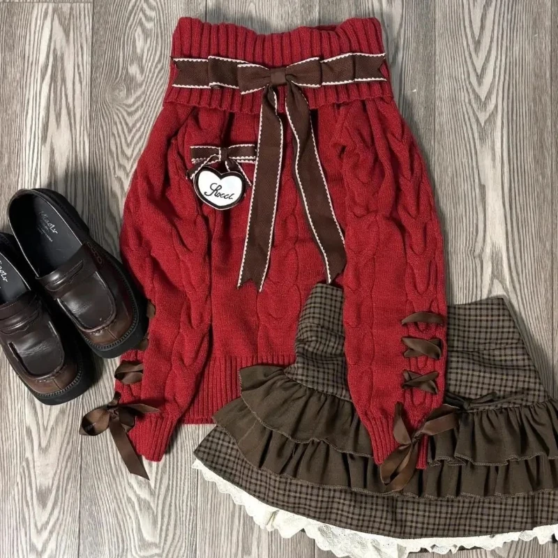 

Deeptown Sweet Kawaii Red Knitted Pullover Off Shoulder Sexy Elegant Bow Patchwork Sweaters Preppy Style Long Sleeve Sweaters