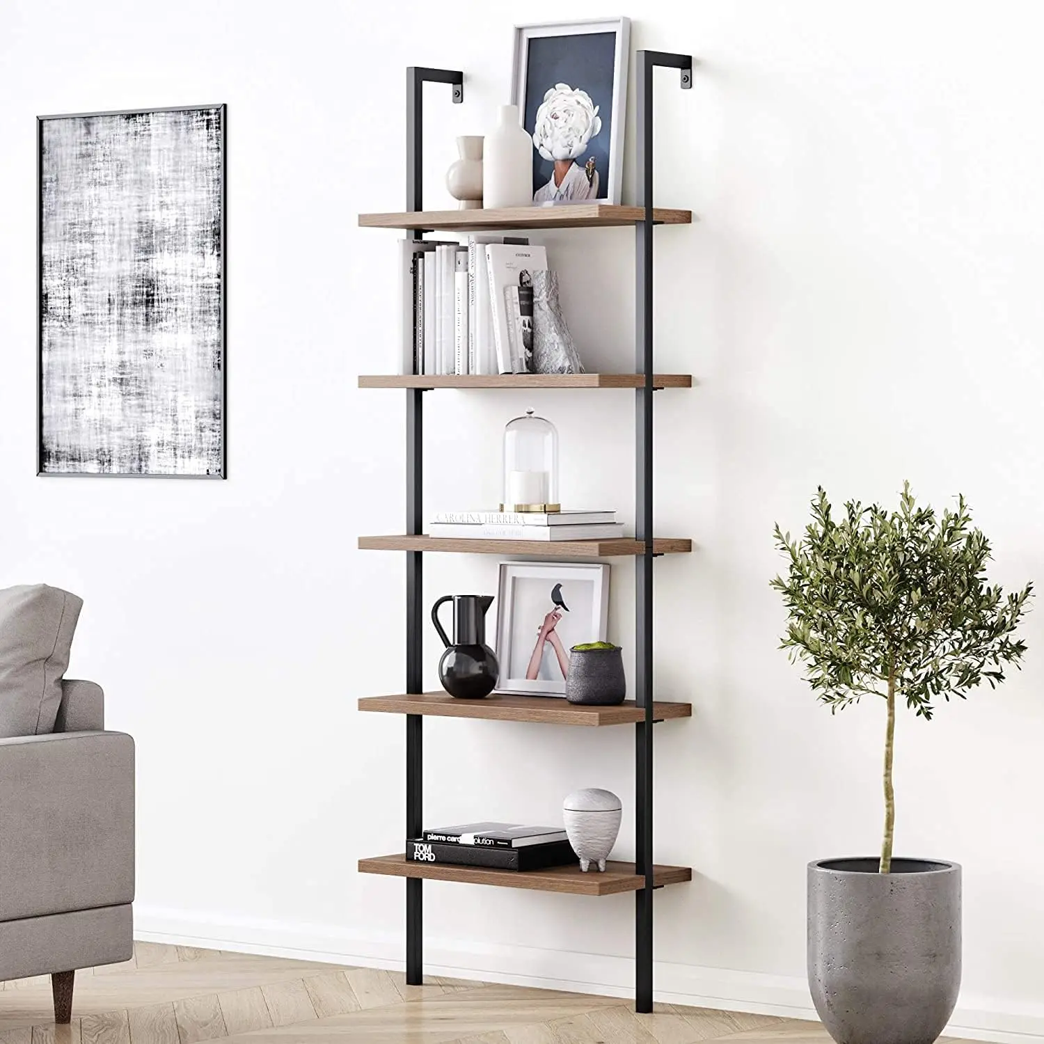 James Theo 5-Shelf Oak Wood Modern Bookcase, Open Wall Mount Ladder Bookshelf with Industrial Black Metal Frame