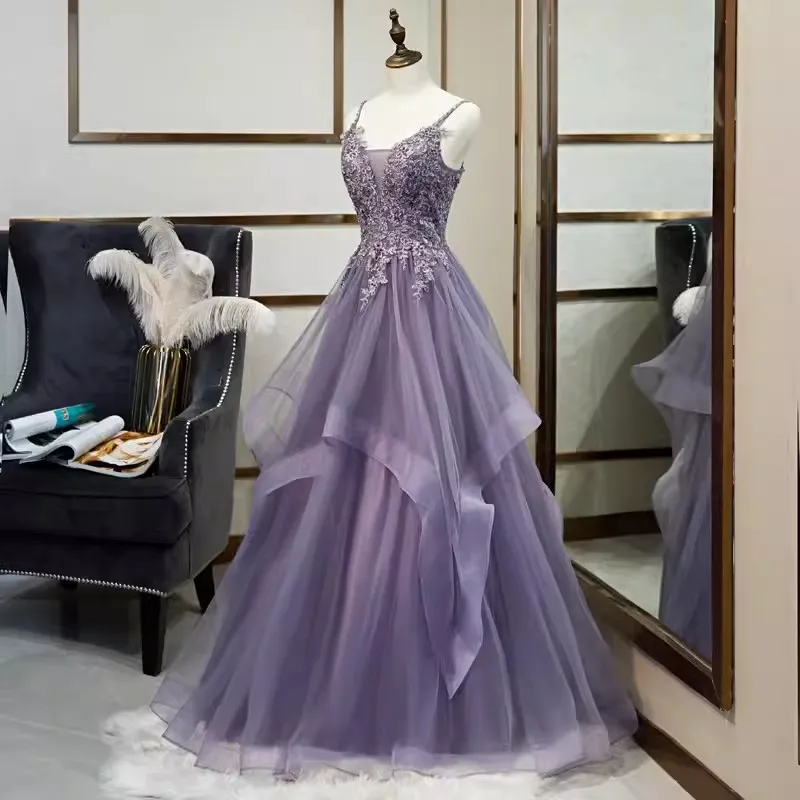 Real Picture In Stock Size  2-12 Purple Evening Dresses 2024 V Neck Lace Tulle A Line Long Formal Prom Dress Wedding Party Gown