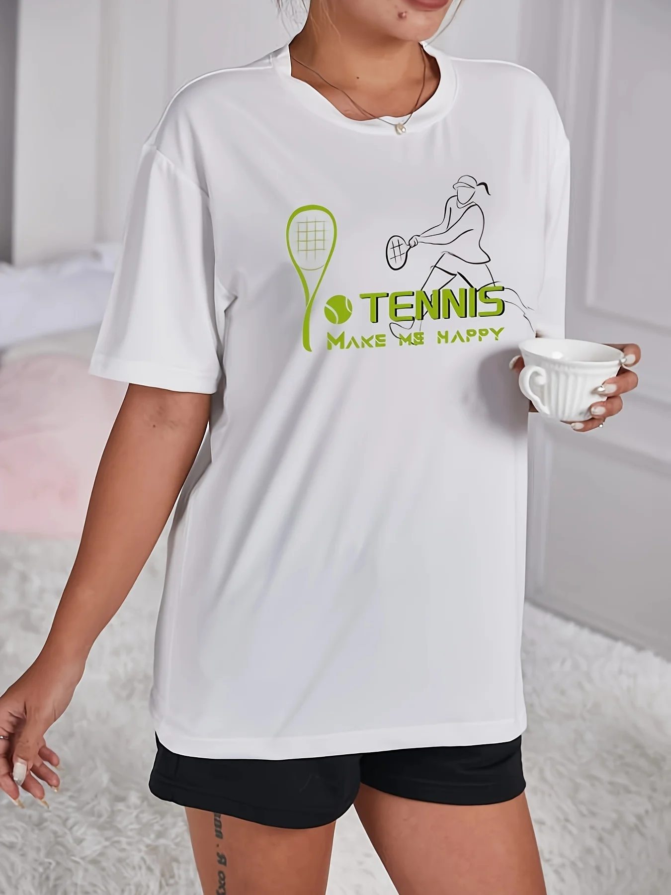 Casual Tennis Print Sporty Two-piece, Short Sleeve Crew Neck T-shirt & Pocket Loose Shorts Outfits, Women's Clothing