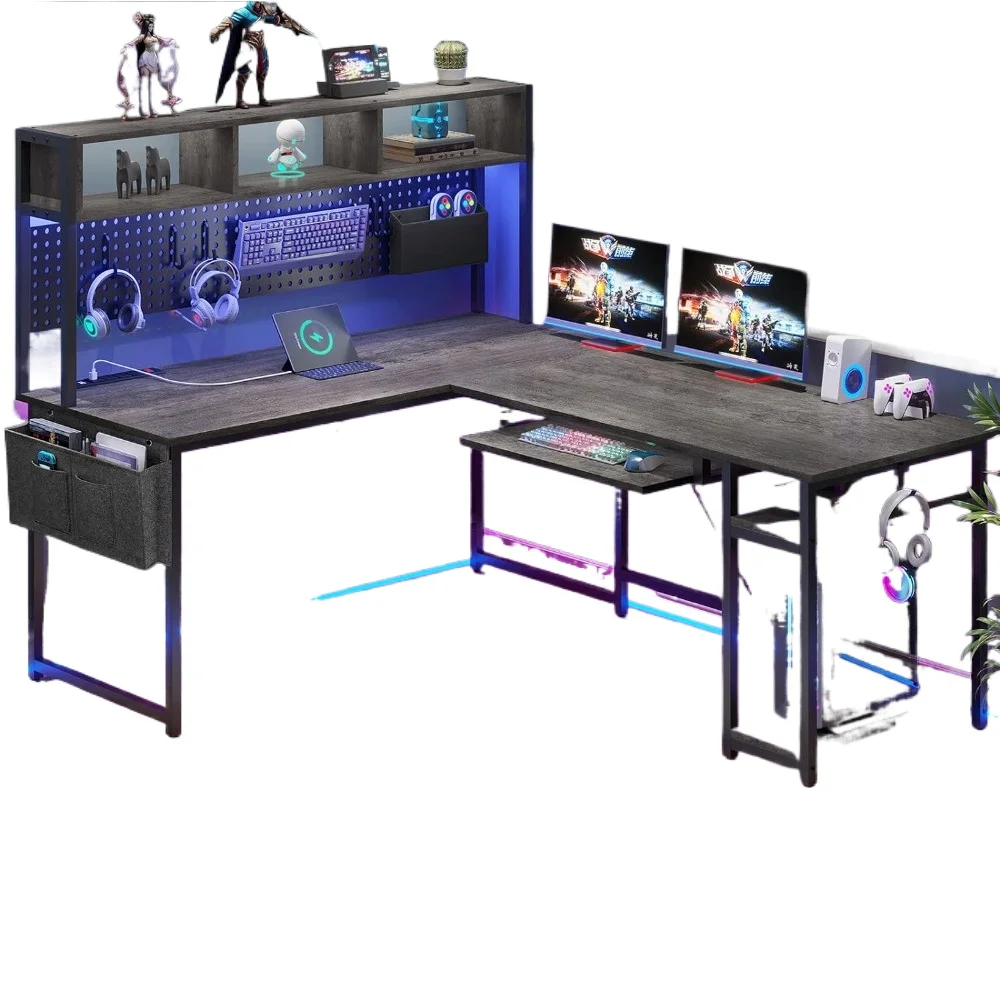 L Shaped Gaming Desk, Reversible Computer Desk with Power Outlet and Pegboard, Gaming Desk with Led Lights for Home Office