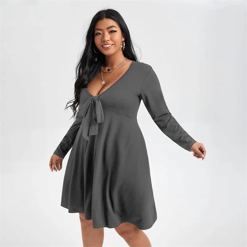 Dames Plus Size Jurken Mode Lente Herfst Sexy V-hals Bow Een Lijn Oversized Vrouwen Kleding Lange Mouwen Casual Dress 2022