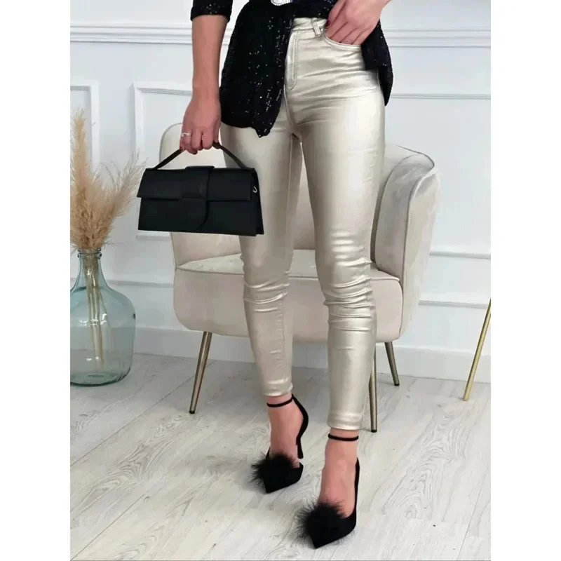 Pantalon Vintage à Paillettes pour Femme, Couleur Unie, Taille Haute, Slim, Décontracté, Élégant, Streetwear, ix, Argent, Or, FJF