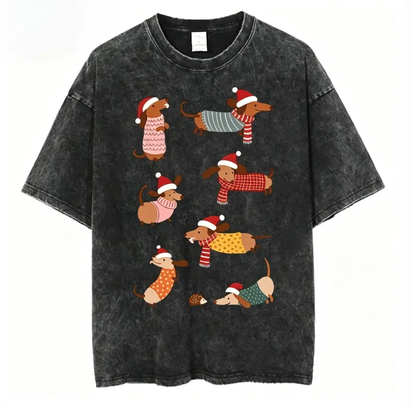 Vintage Washed Christmas Dachshund T‑Shirt Cute Sausage Dog Santa Hat Print Unisex Short Sleeve Retro Oversized Streetwear Tops
