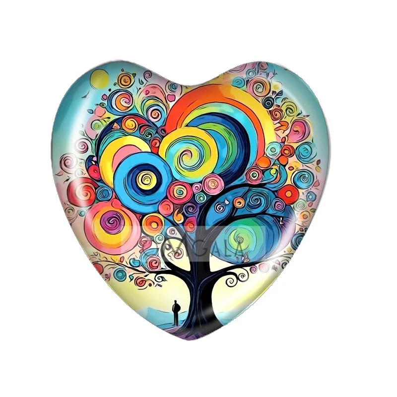 Colorful Tree of Life Art Patterns 10-25mm Heart Flatback Cabochon Glass Spacers For DIY Jewelry Making Bracelet Accessories