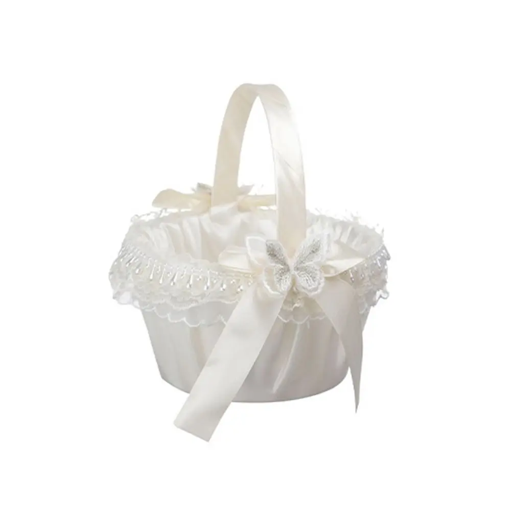 Sweet Lace Wedding Flower Basket Ribbon Bow Rose Flower Flower Girls Basket White Color Large Capacity Satin Bow Hanbag Wedding