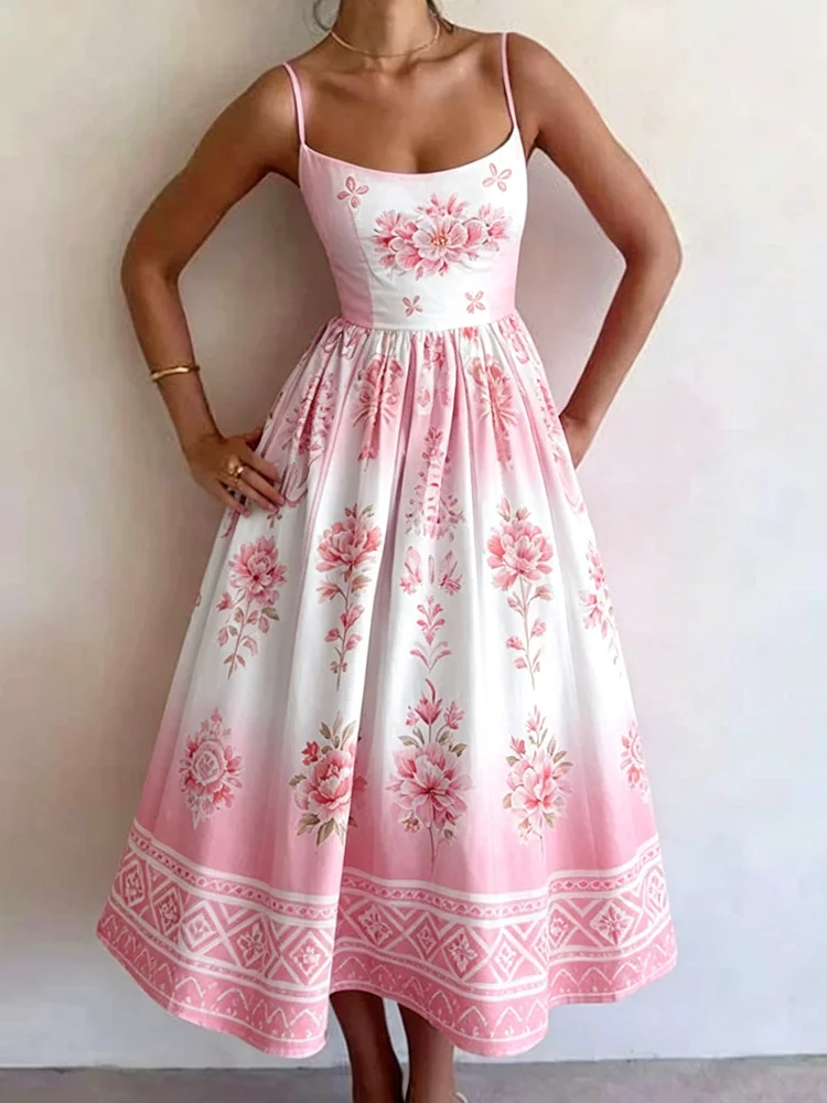 

Women's Summer Spaghetti Strap High Waist A-Line Dress Ombre Floral Print Casual Vintage Daily Street Party Elegant Maxi Dress