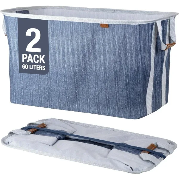 

CleverMade Collapsible Laundry Baskets, Navy/Gray 2PK - 60L (16 Gal) Foldable Laundry Basket with Sturdy Pop-Up Wire Frame