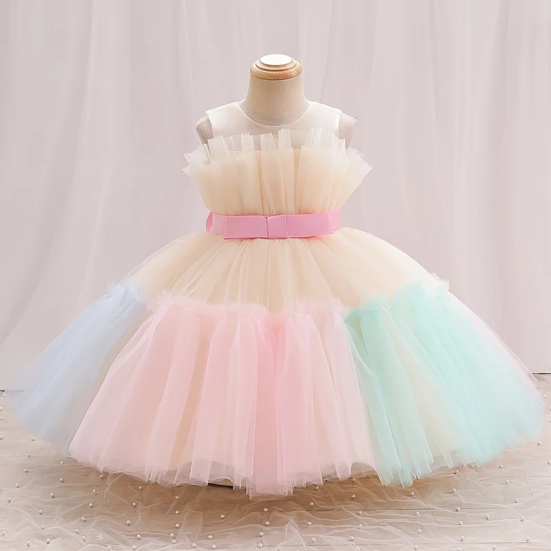 Children's dress dress dinner net sleeveless rainbow pommel dress short princess wind sweet #L166