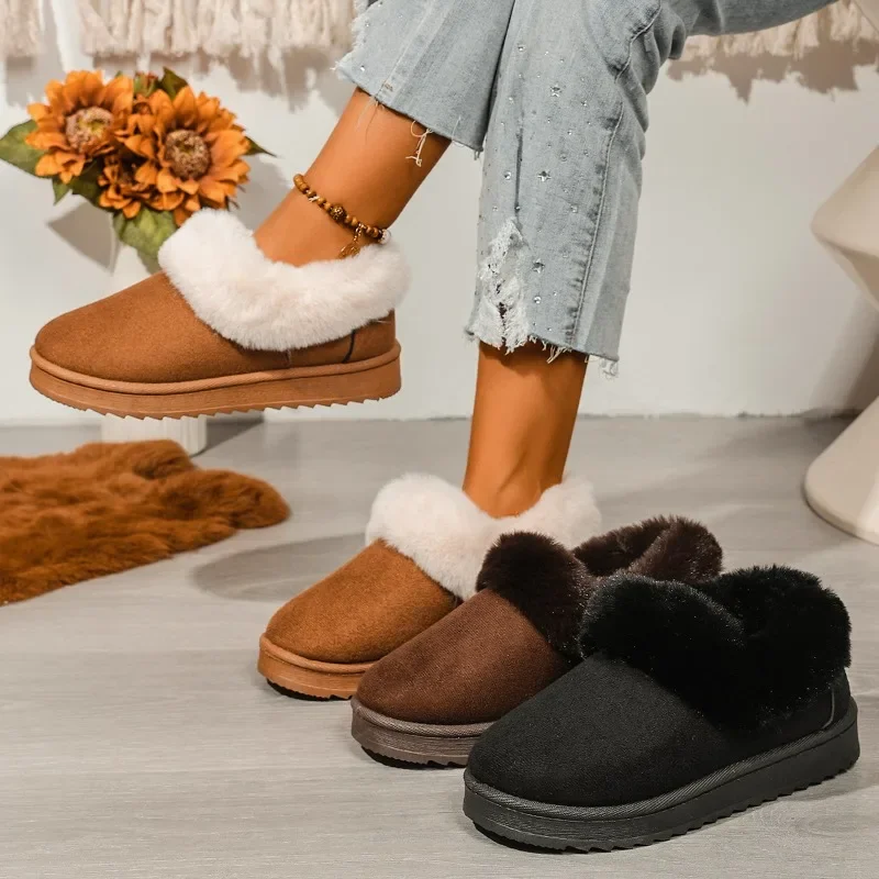 

2025 New Anti-slip Thick Plush Snow Boots Faux Suede Platform Fur Winter Boots Woman Slip on Warm Cotton Padded Kids Shoes