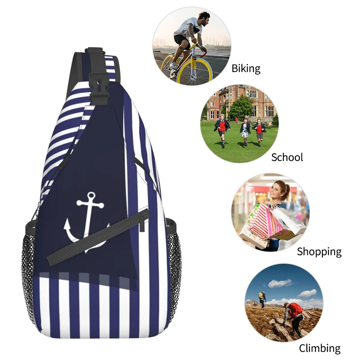 Marinheiro Stripes Âncora Pequenos Sling Sacos Peito Crossbody Ombro Sling Mochila Caminhadas Viagem Daypacks Leme Marinha Vela Marinha