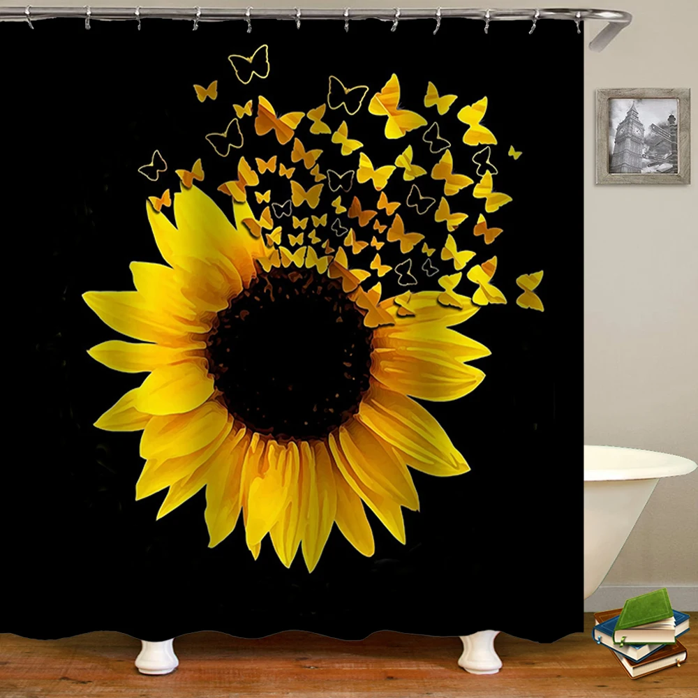 Sunflower Butterflies Shower Curtain for Bathroom Decor, Black and Yellow Bath Accessories, Waterproof Polyester with Hook