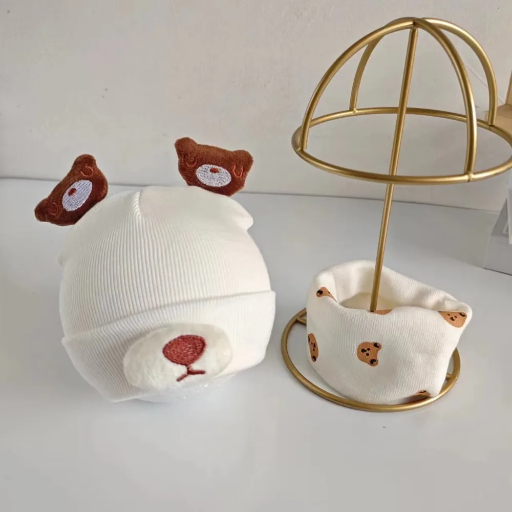 

New Thickened Hat Scarf Set Knitted Cute Bear Pullover Hat Winter Warm Ear Protection Cap Autumn Winter