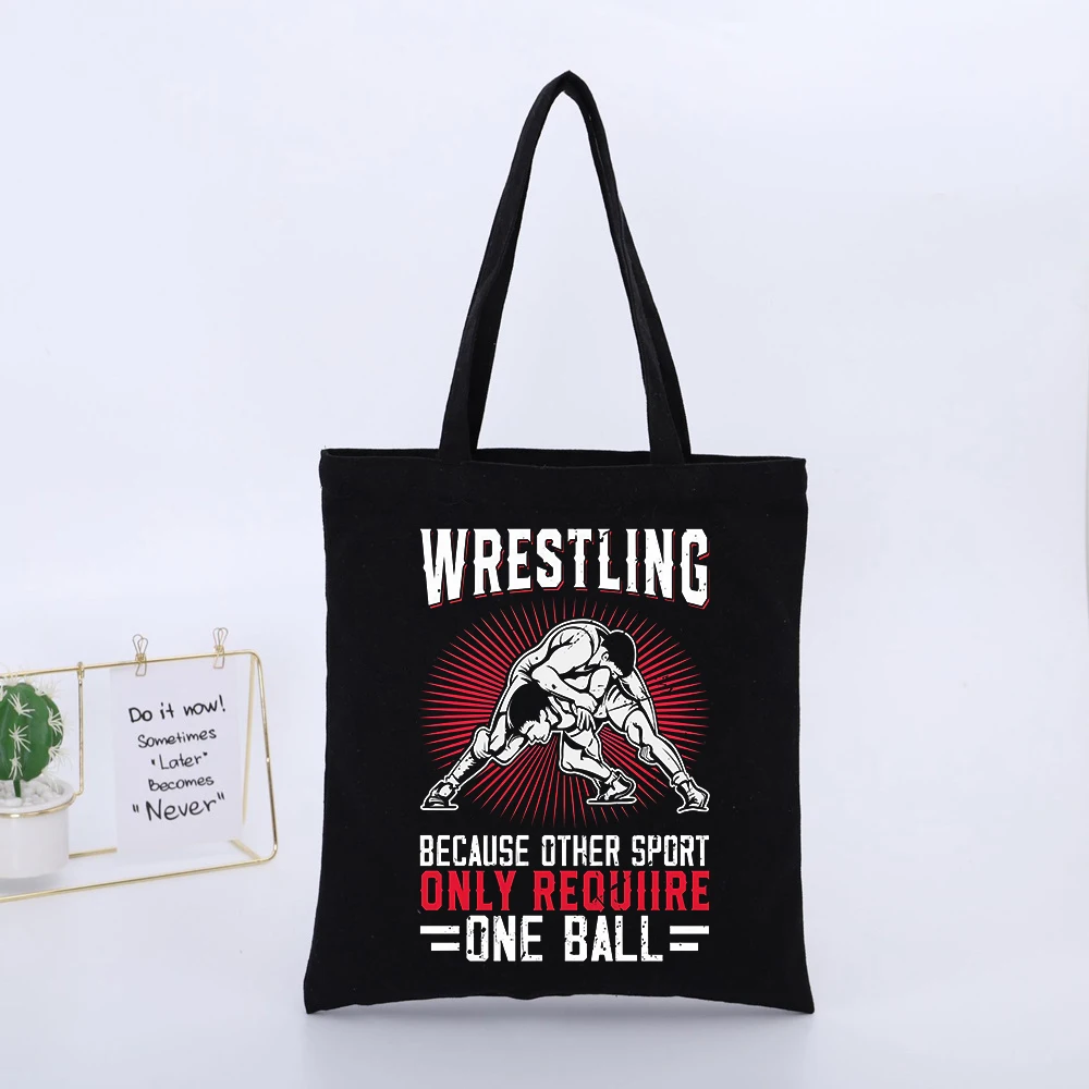 Wrestling Enthusiast's Black Canvas Tote Bag with Sport Graphic, Retro Style for Daily Casual Use