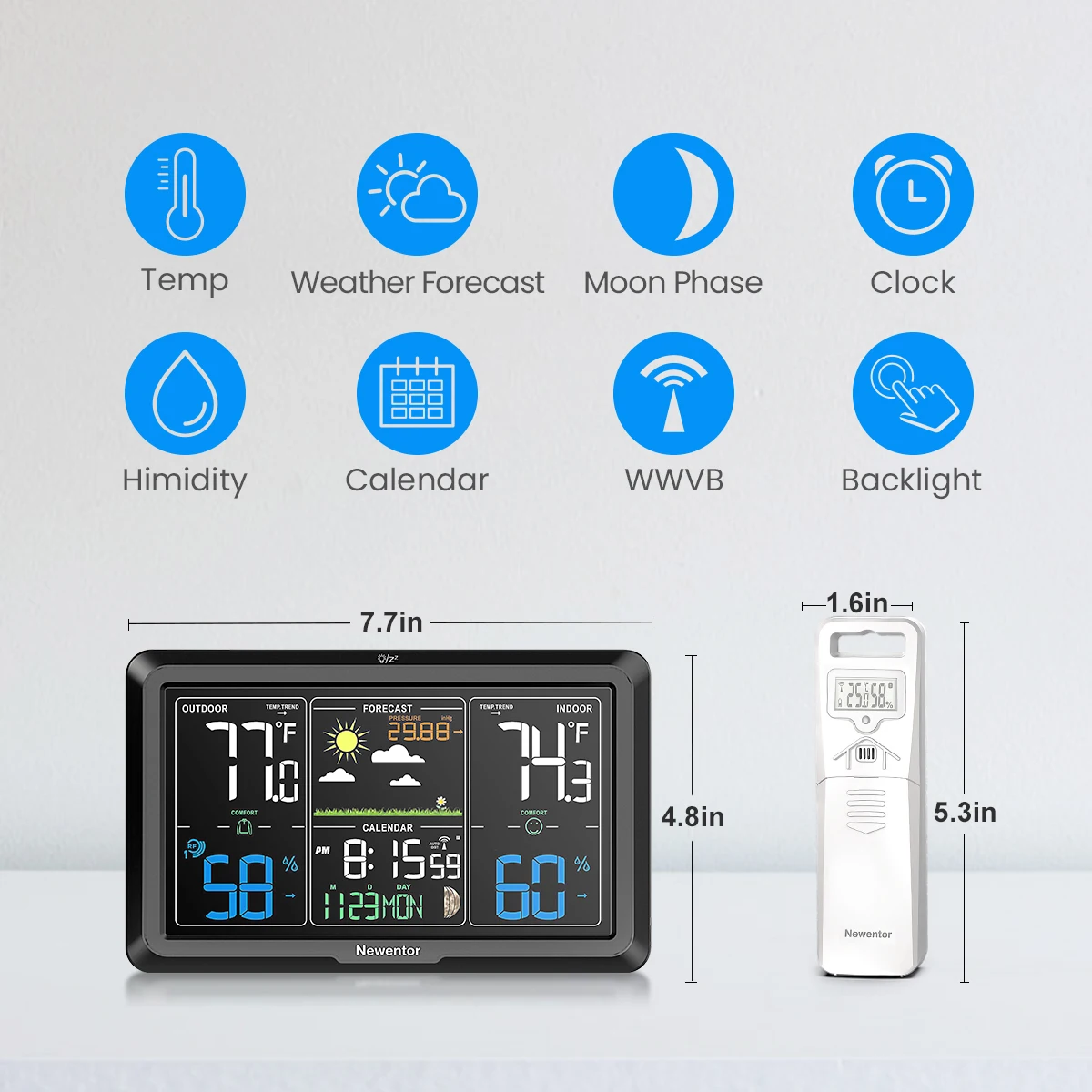 شاشة ملونة كبيرة للمنزل داخلي/خارجي Q7 مقياس حرارة الرطوبة مع توقعات أو جدار جبل أو محطة الطقس حامل الطاولة