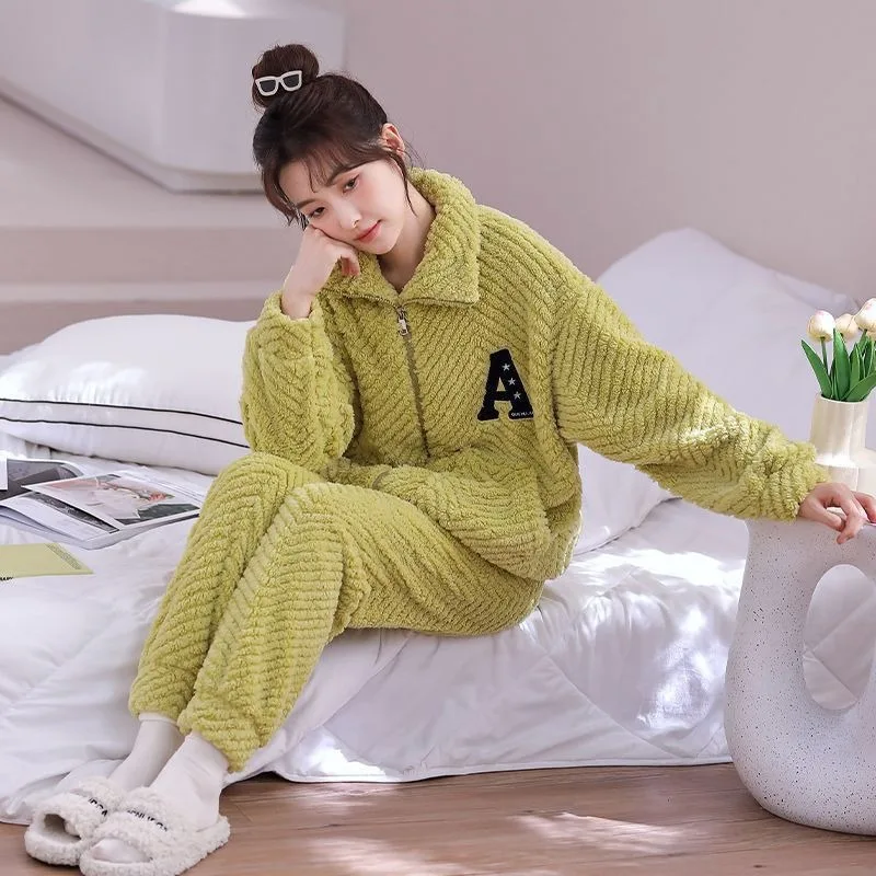 2024 New Coral Fleece Pajama Woman Autumn Winter Loose Loungewear Flannel Stand Collar Sleepwear Set Fleece Zipper Warm Homewear
