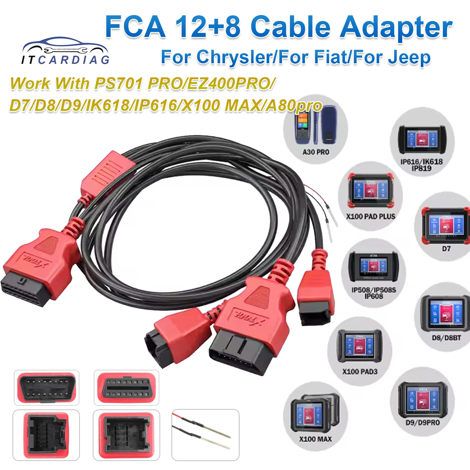 

Кабель-адаптер XTOOL FCA 12+8 для Chrysler/для Fiat/для Jeep работает с PS701 PRO/EZ400PRO/D7/D8/D9/IK618/IP616/X100 MAX/A80pro