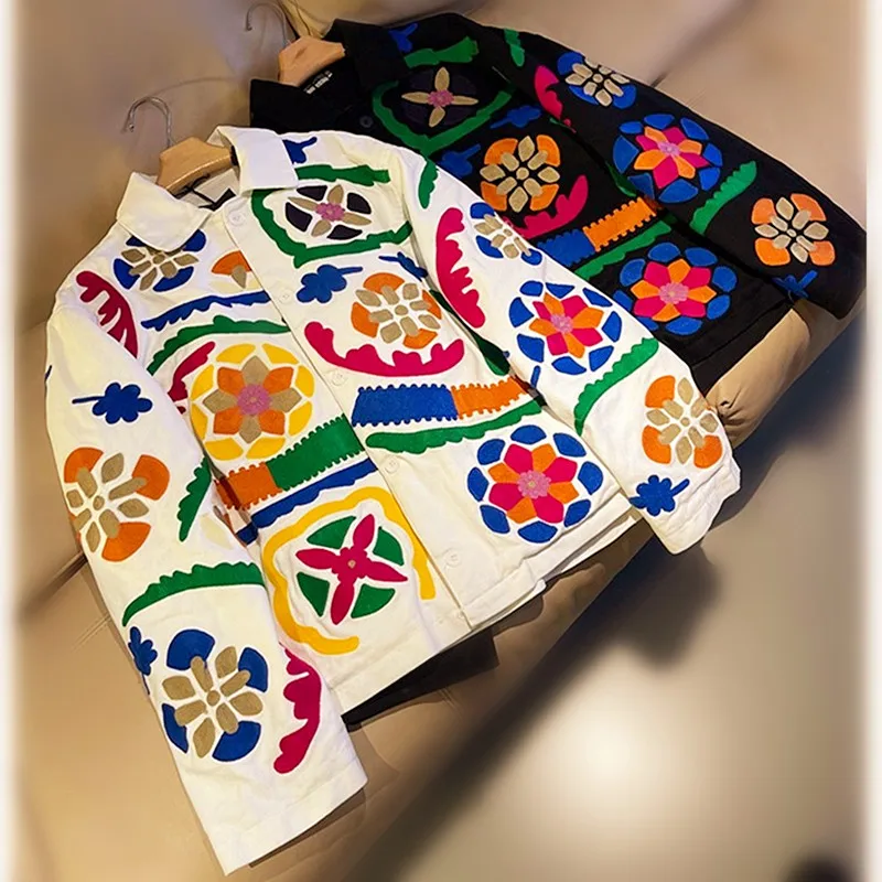 Autumn Winter Runway Luxury Embroidery Florals Denim Coat Women New White Black Streetwear Denim Baseball Outwear Coats NZ146