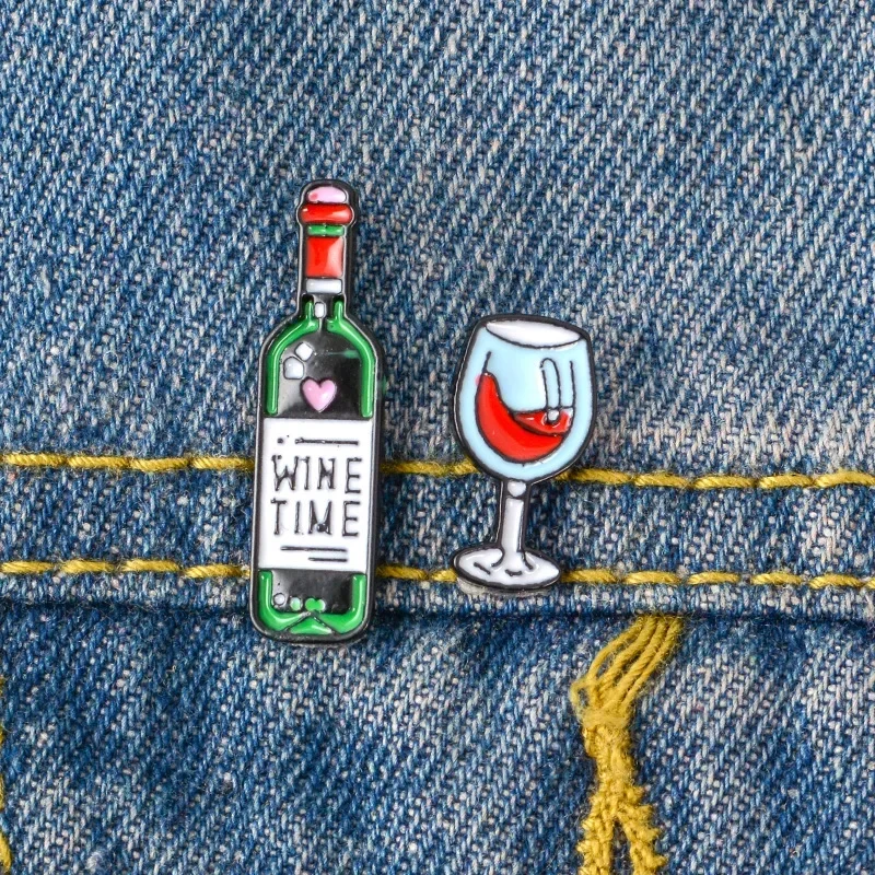 Cartoon Wine Glass Denim Bags Shirt Collar Brooch Enamel Pins Metal Broches for Women Badge Pines Metalicos Brosche Accessories