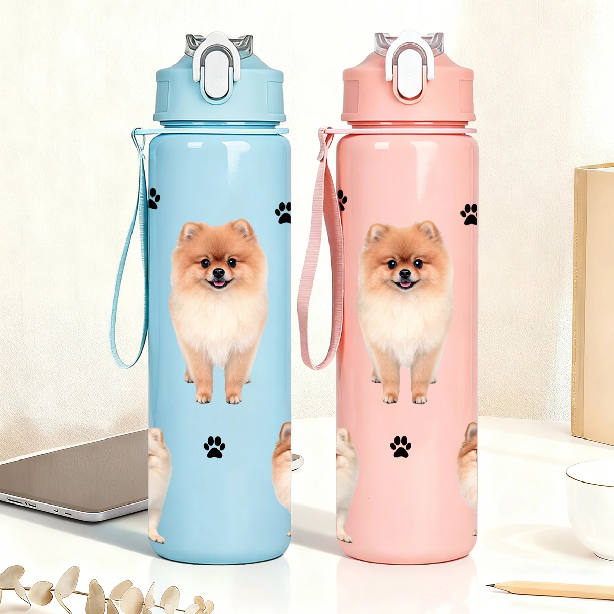 750ml Portable Sports Water Cup with Cute Animal Print Leakproof Lid for Fitness Hiking and Travel