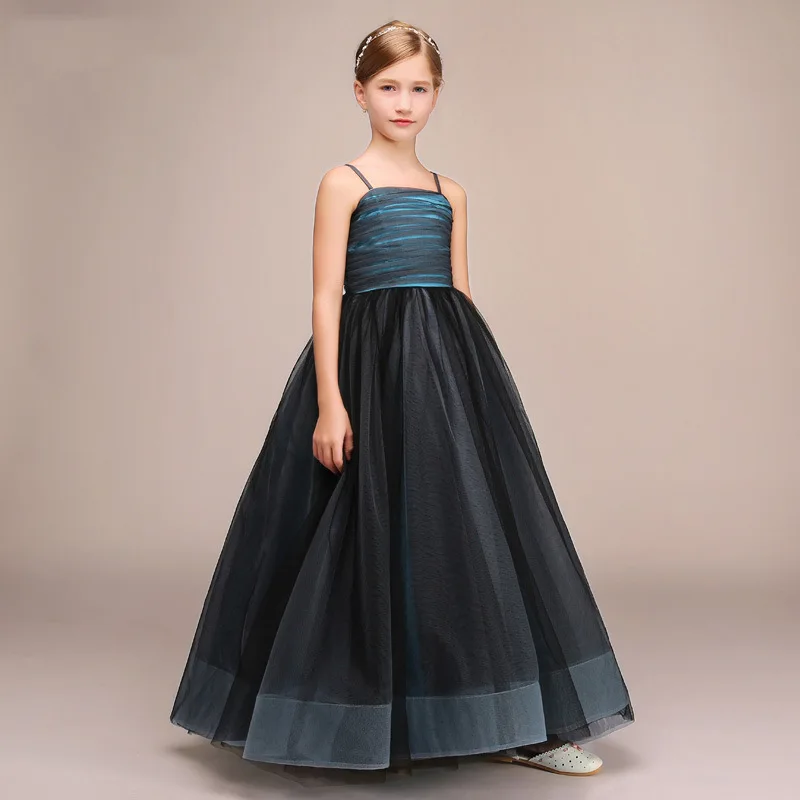 

It's Yiiya Customized Flower Girl Dress Black Tulle Pleat Sgaphetti Straps Zipper Back A-line Floor Length Classic Kid Gown T070