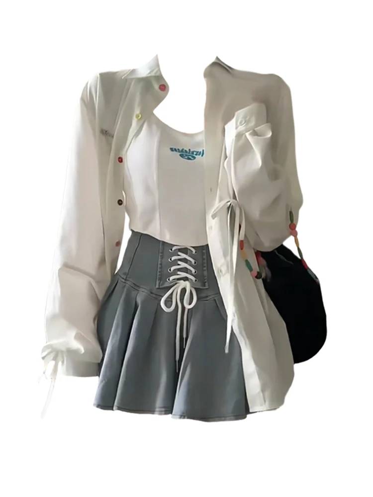 

Korean Sweet Summer Women Fashion Gyaru 2000s Aesthetic Outfits 2 Piece Skirt Set O-Neck Top + Drawstring A-line Pleated Skirt