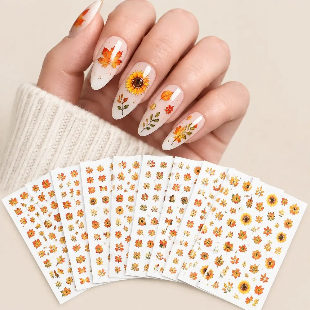 12 Stück 5D-geprägte, elegante Nagelaufkleber, Herbst-Eichhörnchen, Kaninchen, Ahornblatt, Goldfolien-Abziehbilder, Nagelaufkleber-Set – Detail 3