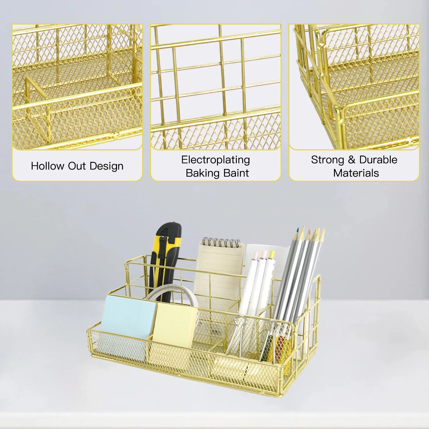 منظم مكتب معدني مع فواصل، رف تخزين قرطاسية المكتب، تصميم جيد التهوية للأقلام والمشابك واللوازم، متين وسهل الاستخدام