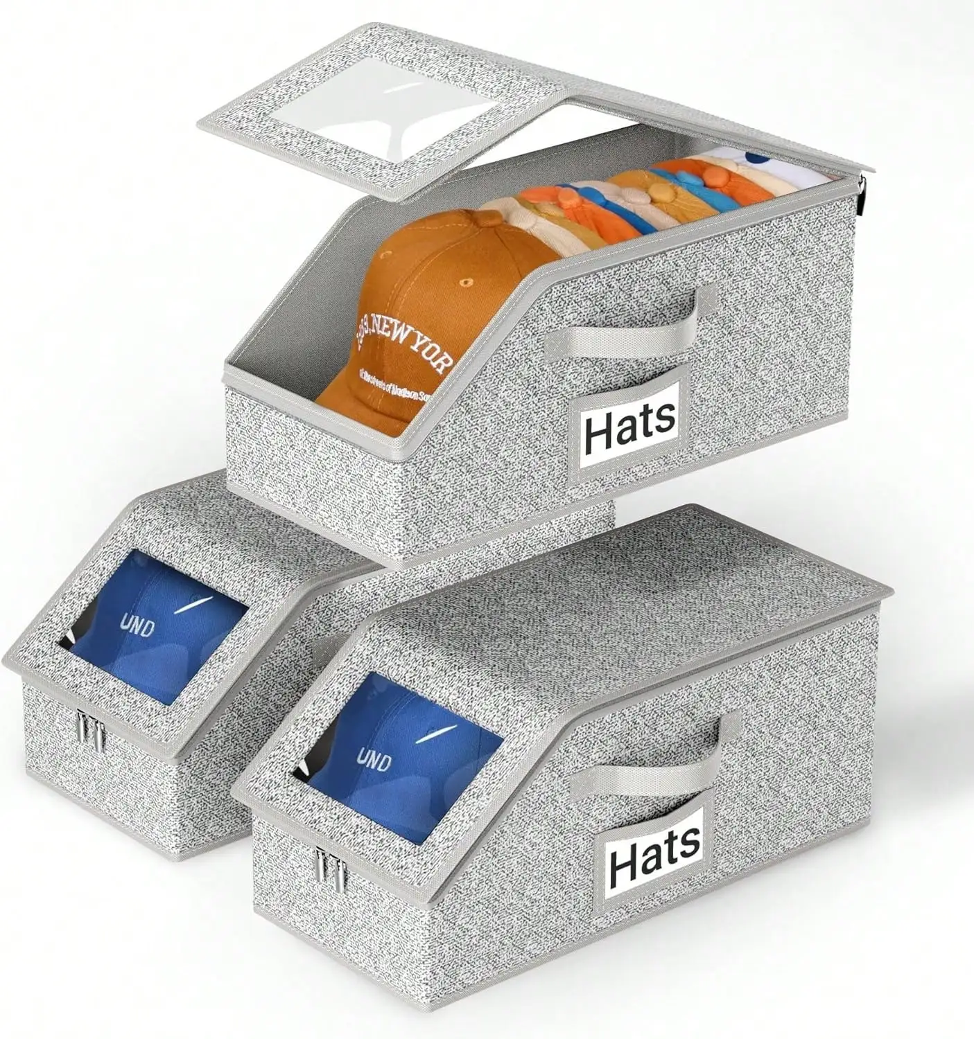 

2 Pack Stackable Foldable Hat Storage Box With Clear Window And Hard Lid Fabric Organizer For Caps