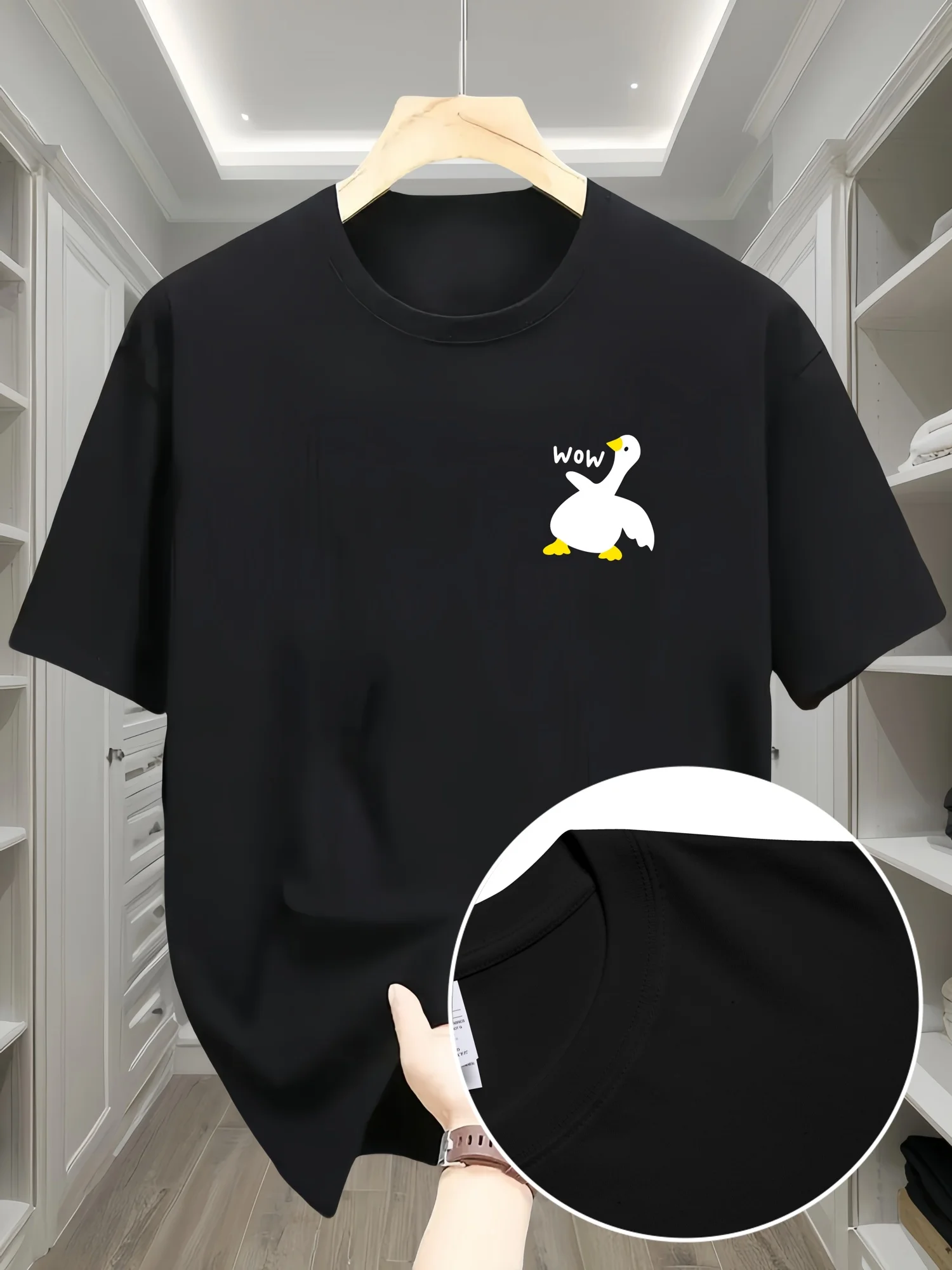 Verão masculino 100% algodão puro padrão de ganso criativo elegante e casual solto em torno do pescoço manga curta camiseta topo