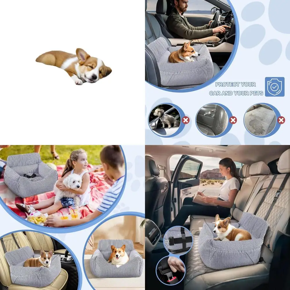 

Портативное автокресло для собак с безопасным поводком и карманами для хранения, моющаяся дорожная кровать для маленьких собак (сине-белая)