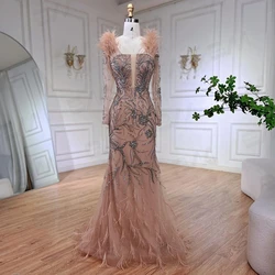 Feathered Coral Prom Dress With Full Sleeves Mermaid Court Train Women's Evening Dresses For Formal Occasion Party Gown