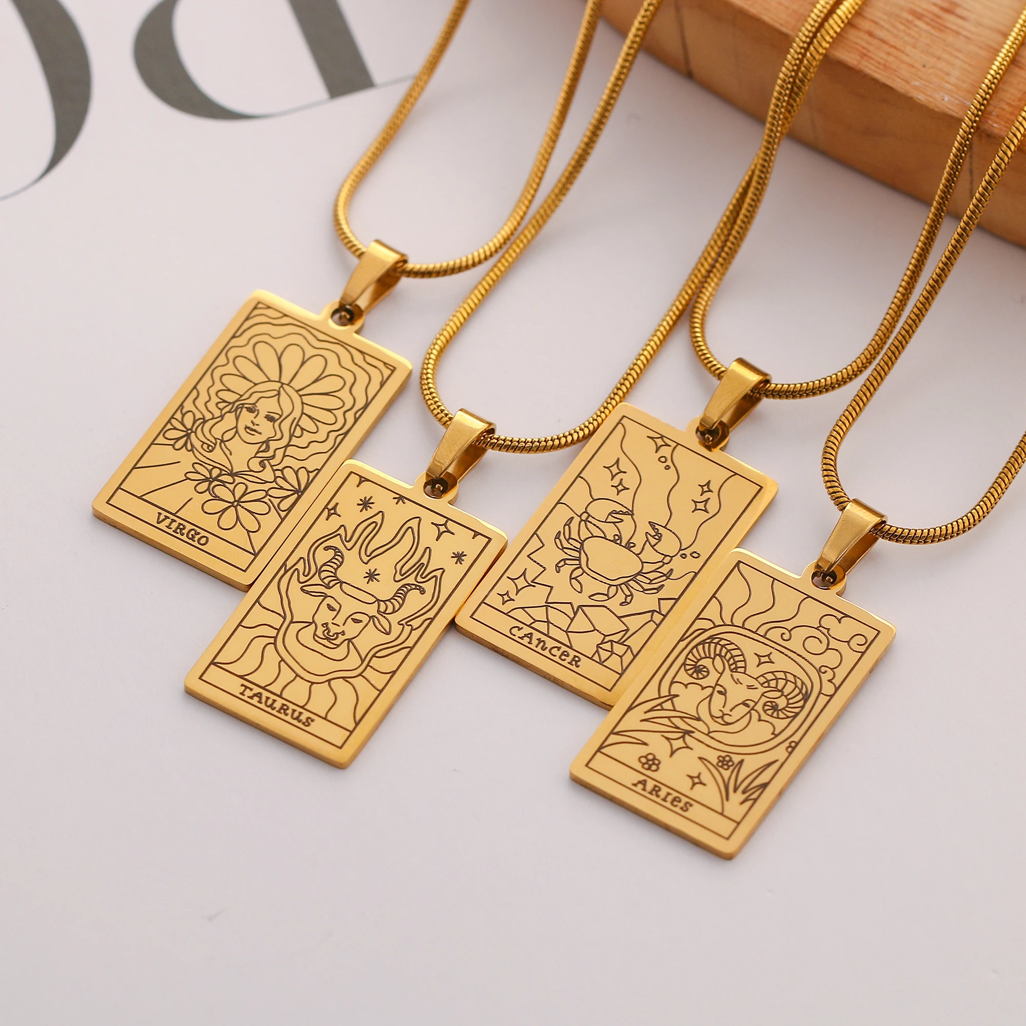 Zodiac Sign Necklace Stainless Steel 12 Constellations Pendant Necklace 18K Gold Color Plated Tarot Snake Bone Chain Necklaces