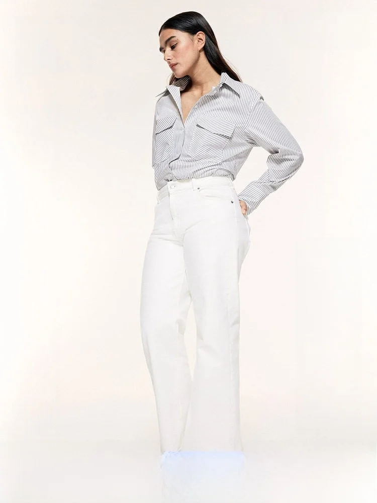 

H&M Приталенная шелковая рубашка, летняя модная женская одежда, повседневный стиль, с длинным рукавом, в полоску, 100% хлопок